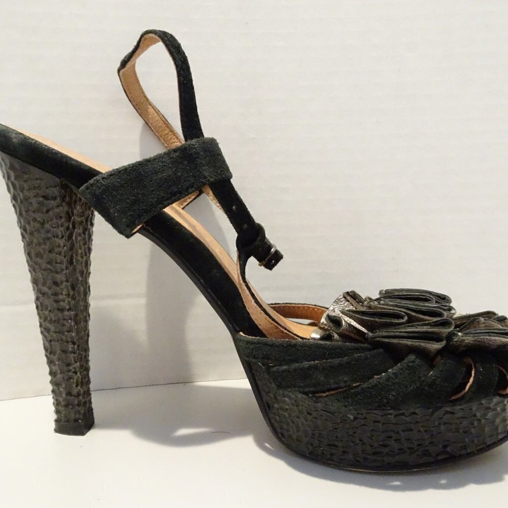 JEFFREY CAMPBELL Black Stiletto Sandals Size 8.5 Diana Metallic Flower Detail